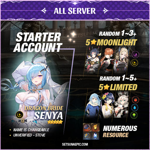 Epic Seven Account 5* Moon Light Dragon Bride Senya Starter All Server