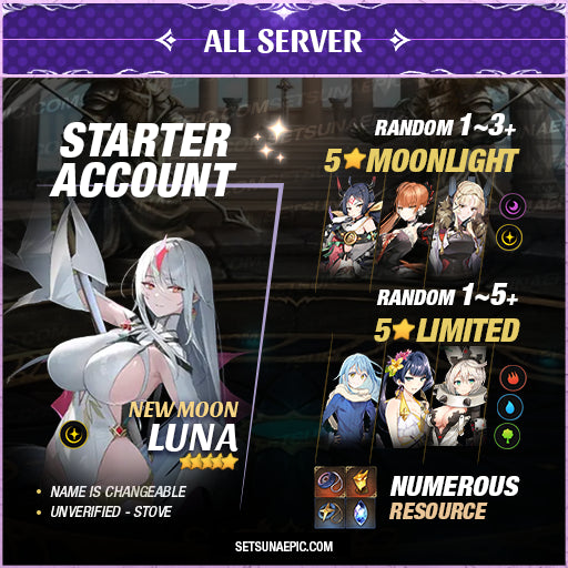 Epic Seven Account 5* Moon Light New Moon Luna Starter All Server