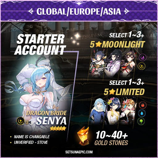 Epic Seven Account 5* Moon Light Dragon Bride Senya Starter All Server