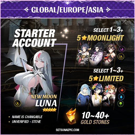 Epic Seven Account 5* Moon Light New Moon Luna Starter All Server