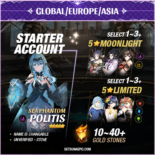 Epic Seven Account 5* Moon Light Sea Phantom Politis Starter All Server