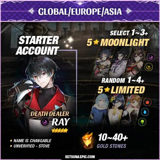 Epic Seven Account 5* Moon Light Death Dealer Ray Starter Account All Server