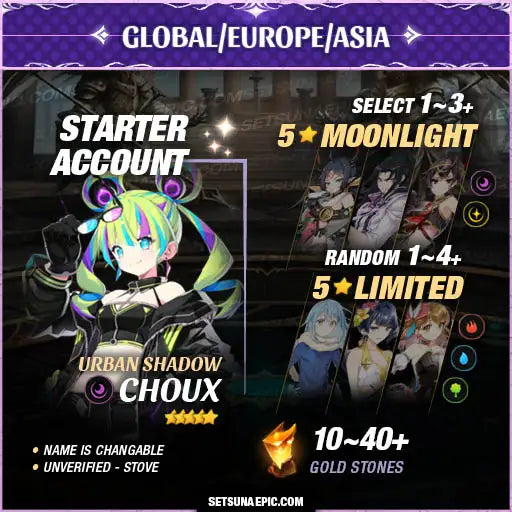 Epic Seven Account 5* Moon Light Urban Shadow Choux Starter Account All Server