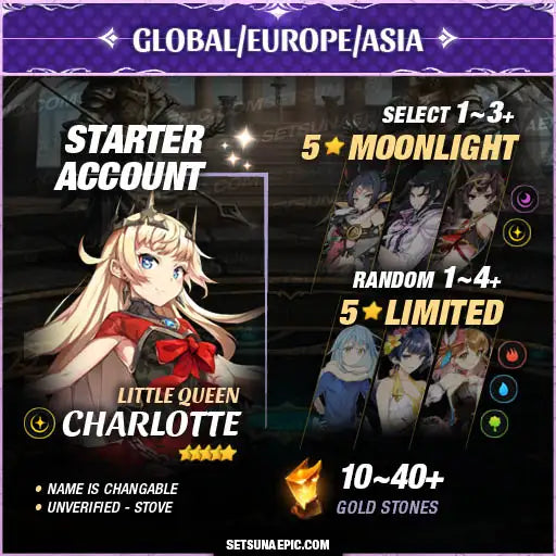 Epic Seven Account 5* Moon Light Charlotte Starter Account All Server