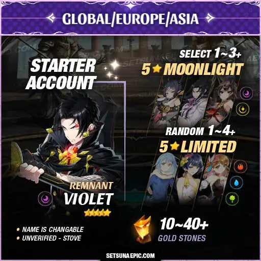 Epic Seven Account 5* Moon Light Remnant Violet Starter Account All Server