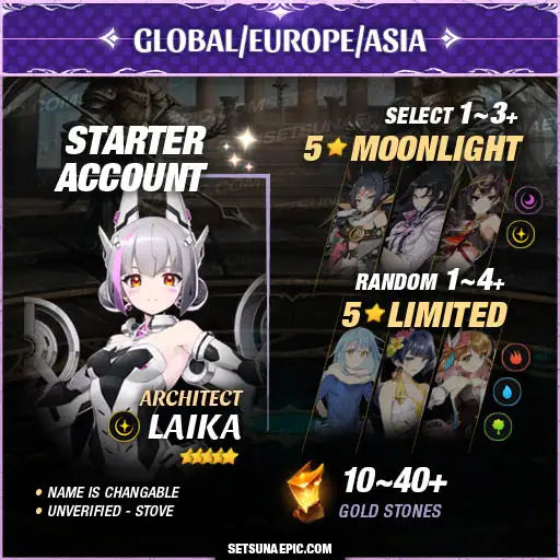 Epic Seven Account 5* Moon Light Architect Laika Starter Account All Server