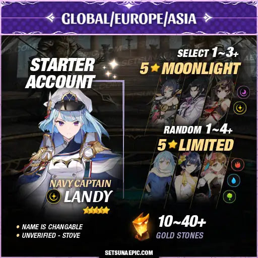 Epic Seven Account 5* Moon Light Navy Captain Landy Starter Account All Server