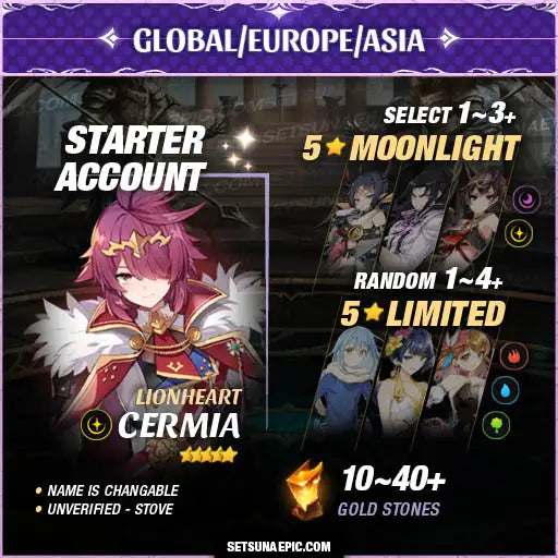 Epic Seven Account 5* Moon Light Lionheart Cermia Starter Account All Server