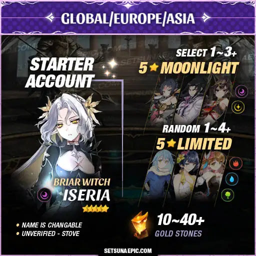 Epic Seven Account 5* Moon Light Briar Witch Iseria Starter Account All Server