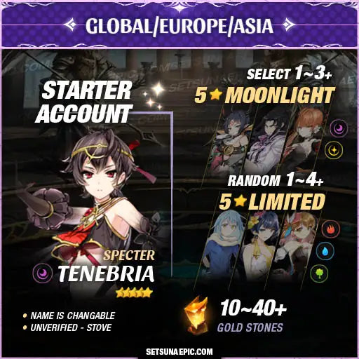 Epic Seven Account 5* Moon Light Specter Tenebria Starter Account All Server