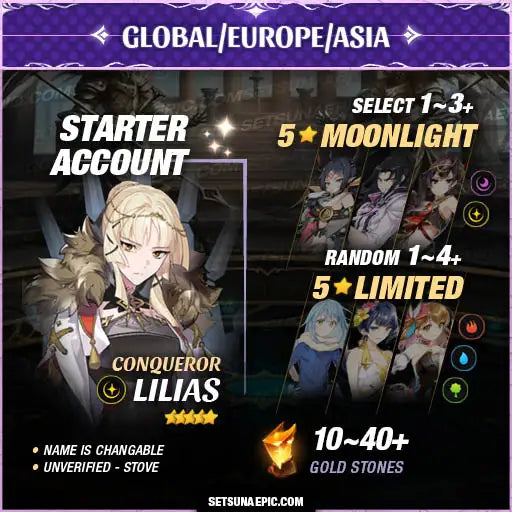 Epic Seven Account 5* Moon Light Conqueror Lilias Starter Account All Server