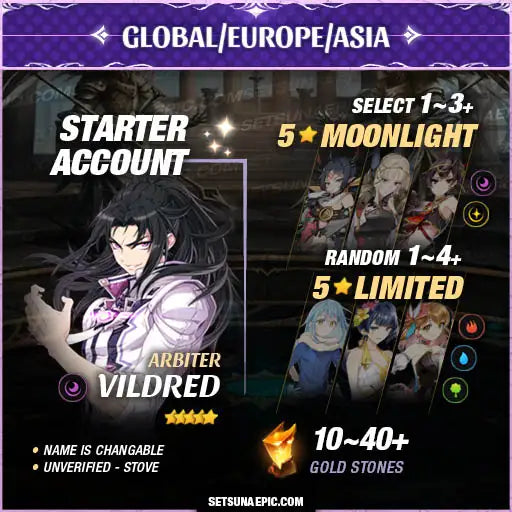 Epic Seven Account 5* Moon Light Arbiter Vilred Starter Account All Server