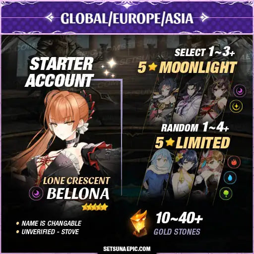 Epic Seven Account 5* Moon Light Bellona Starter Account All Server