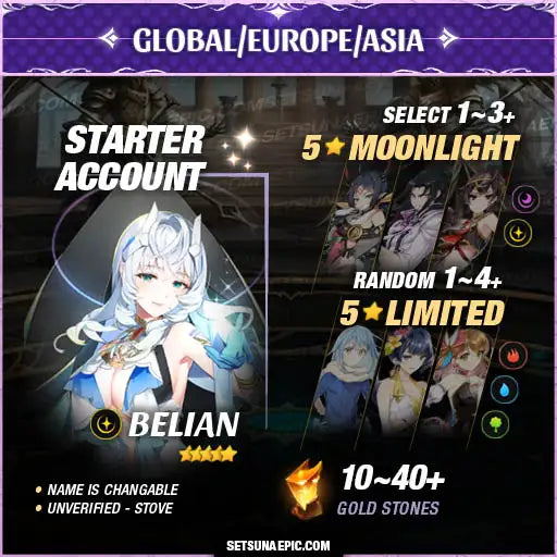 Epic Seven Account 5* Moon Light Belian Starter Account All Server