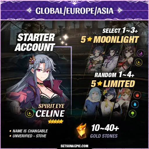 Epic Seven Account 5* Moon Light Spirit Eye Celine Starter Account All Server