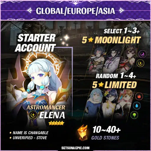 Epic Seven Account 5* Moon Light Astromancer Elena Starter Account All Server