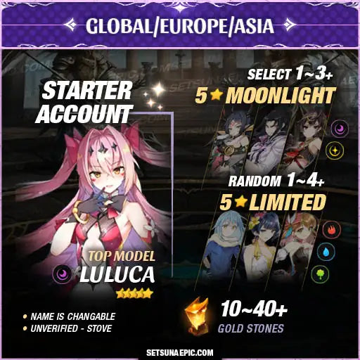 Epic Seven Account 5* Moon Light Top Model Luluca Starter Account All Server