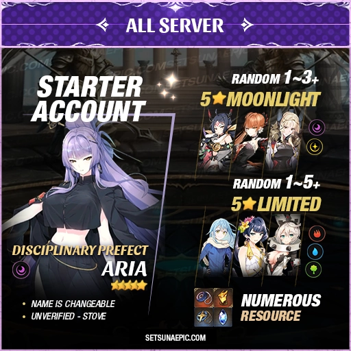 Epic Seven Account 5* Moon Light Aria Starter Account All Server