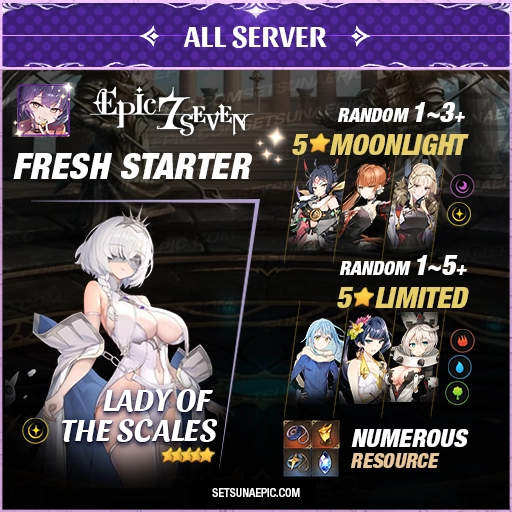 Epic Seven Account 5* Moon Light Lady of The Scales Starter Account All Server